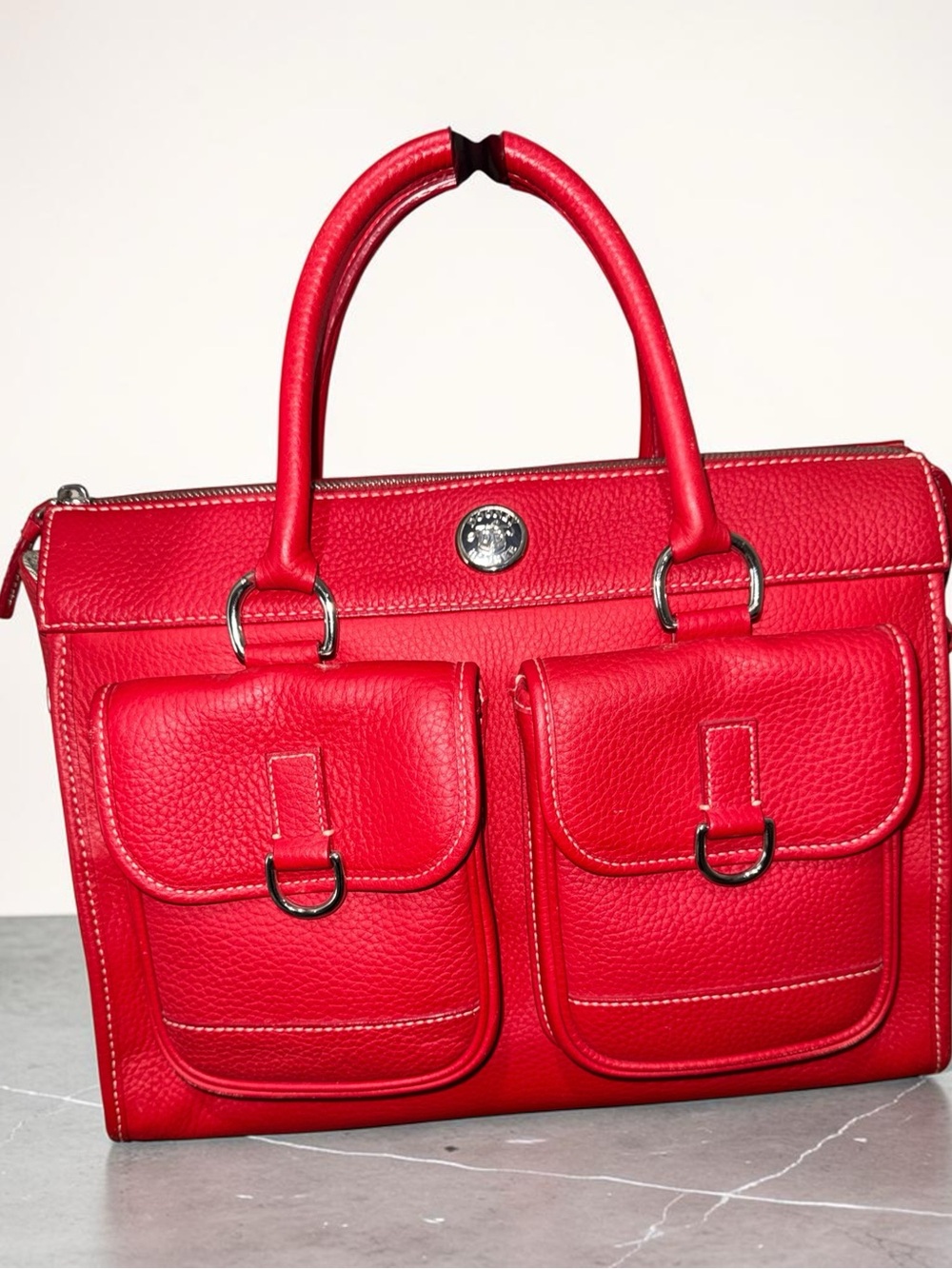 Dooney & Bourke Red Leather Shoulder Bag with Dual Front Pockets